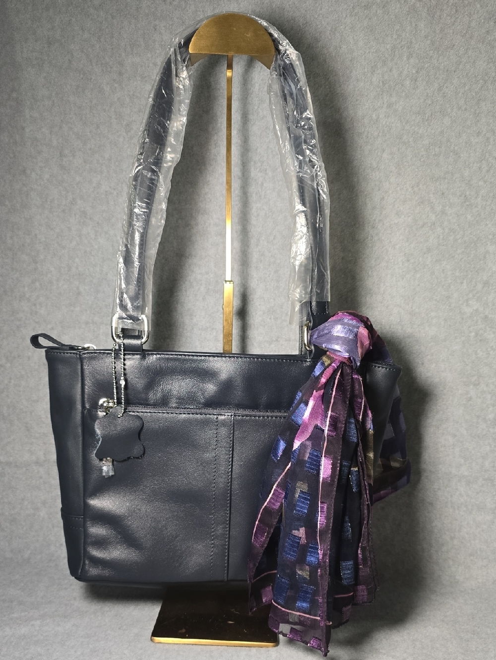 Giani Bernini Nappa Navy Leather Shoulder Tote with  Accent Scarf